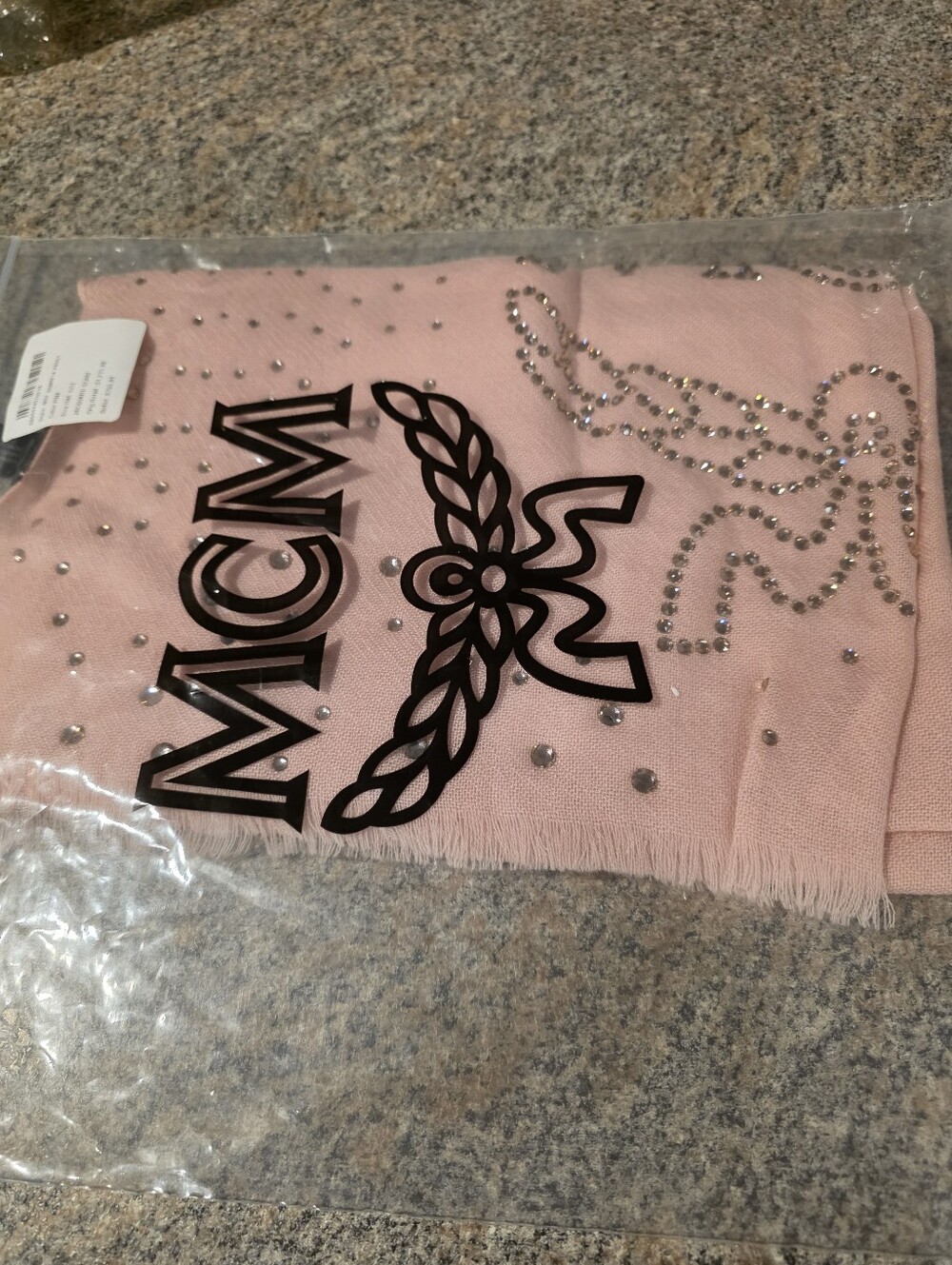 MCM $1,075 100% Cashmere Pink Swarkoski Crystal Logo Scarf Shawl Wrap/ BNWT